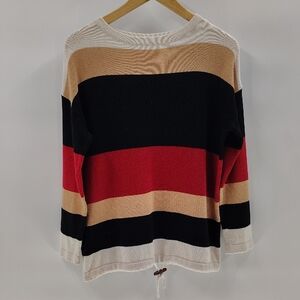 Color Block Sweater Size Large Black Red Tan White Pullover Drawstring Waist